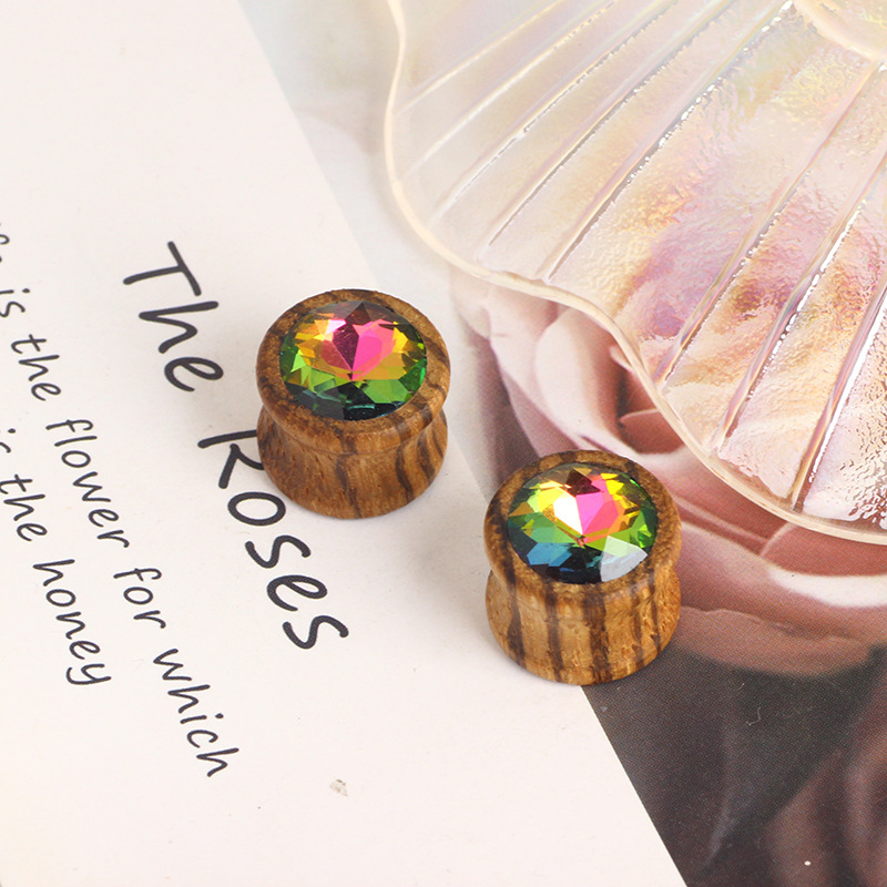 Wood Inlay Crystal Tooth Ear Spreader - Punk Style Waist Drum Ear Gauges Stainless Steel - Image 4