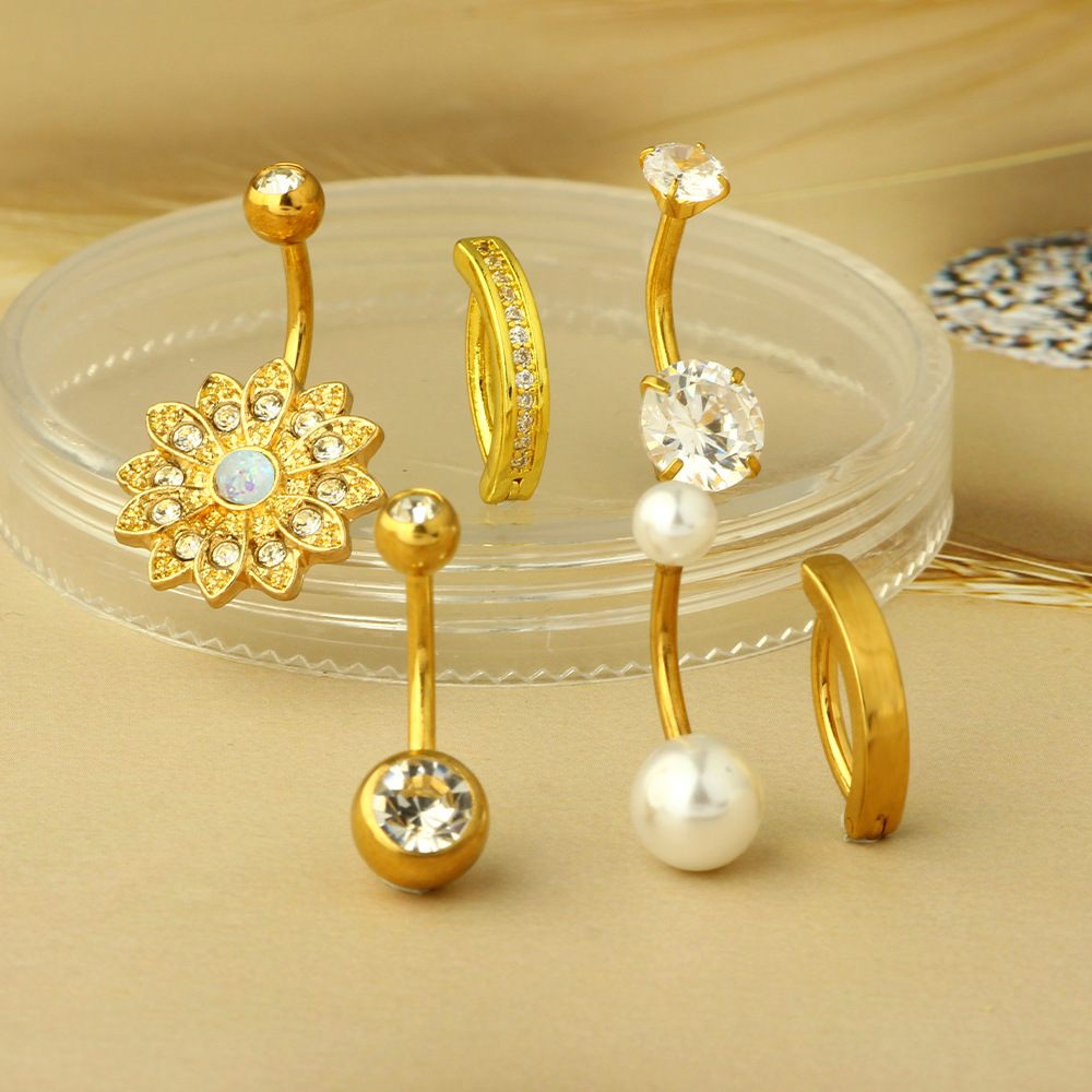 6-Piece Stainless Steel CZ Navel Ring Set with Soft Ceramic Balls and Zircon - Image 2