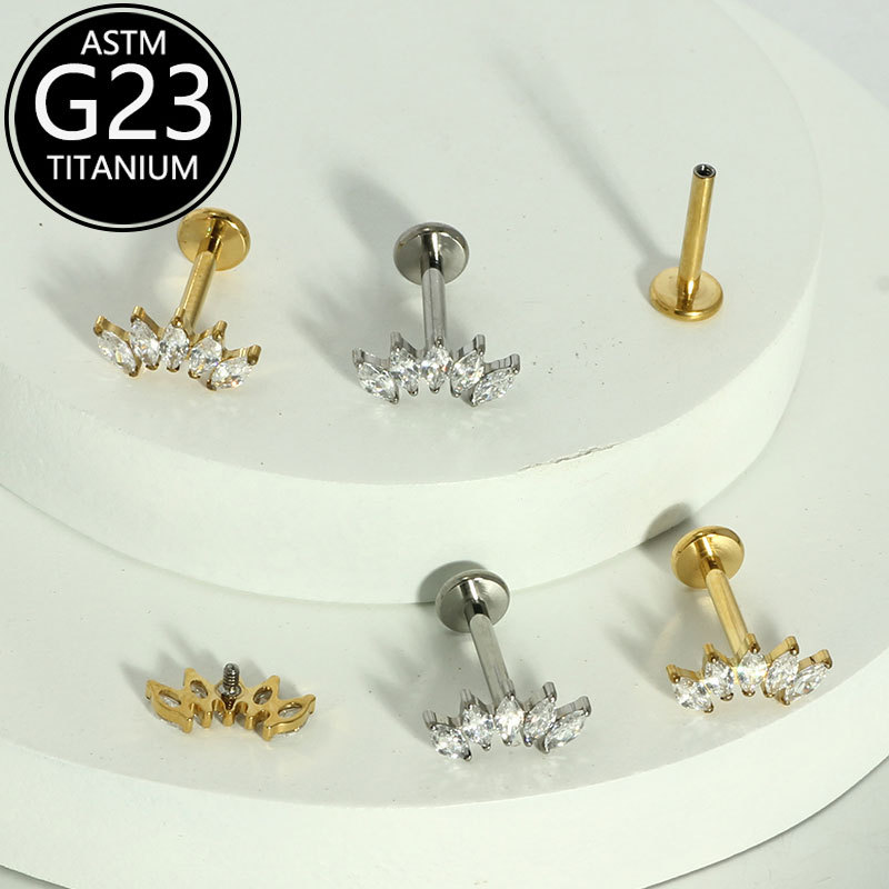 G23 Titanium Lip Stud Five-Eye Inlaid Zircon 16G Internal Thread Labret Piercing Jewelry - Image 2