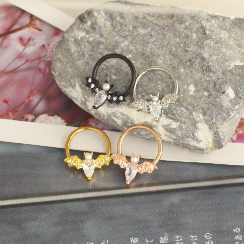 Halloween Bat Nose Ring Star Zircon Nose Stud Cartilage Earring Closed Ring Piercing Jewelry Rose Gold Stainless Steel - Image 3