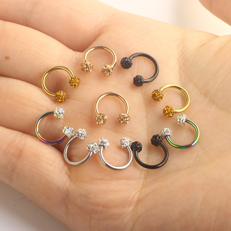 C-Shaped Diamond Ball Nose Ring Stainless Steel Hoop Earring Septum Jewelry Rose Gold - Image 4