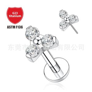 Titanium Ear Stud Triangle Flower Lip Nail with CZ G23 Alloy Piercing Jewelry