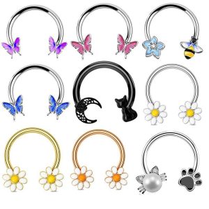 Stainless Steel Oil Dripping Butterfly Nose Ring Sequin Nose Stud Ear Bone Ring Piercing Horseshoe 16G