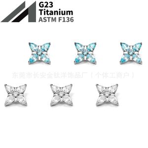 ASTM F136 Titanium Water Drop Eight-Pointed Star Earrings, Zircon Inlay Lip Studs, Nose Studs, Ear Bone Piercing Jewelry
