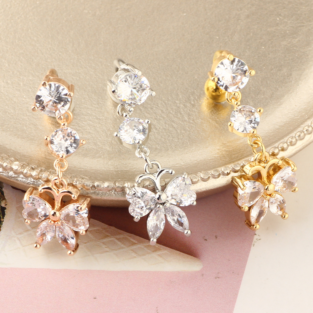 Butterfly Flower Zircon Navel Ring Stainless Steel Body Piercing Jewelry Rose Gold - Image 2