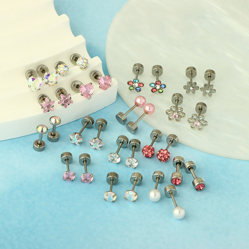 Stainless Steel Screw Earrings Women's Small Flower Round Conch Earrings Set of 32 - Fashion Geometric Ear Piercing Jewelry - Image 4