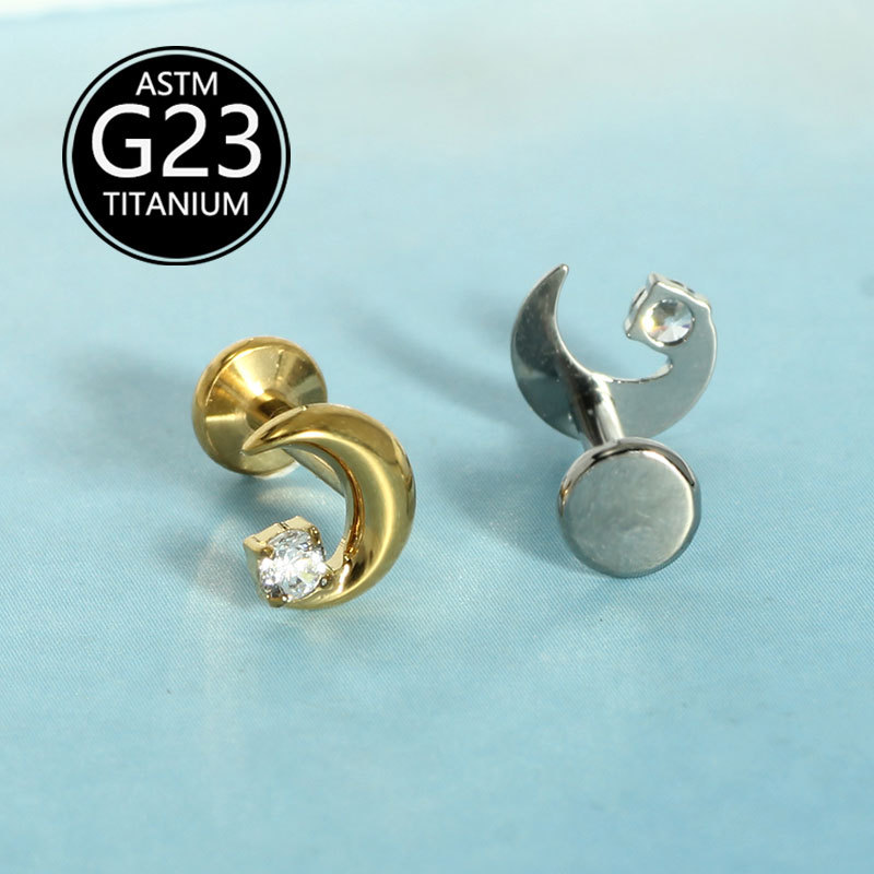F136 Titanium Inlaid Single Zircon Moon Lip Labret Stud Internally Threaded Ear Bone Nail G23 Titanium Alloy - Image 4