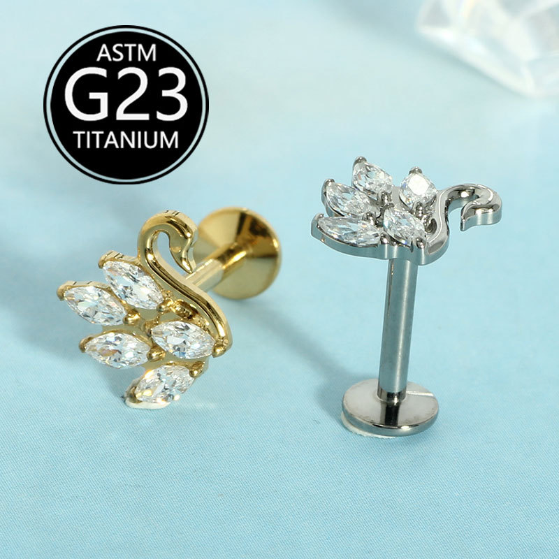 G23 Titanium Swan Internal Thread Lip Piercing with Zircon - Ear Bone & Canal Jewelry Wholesale - Image 2