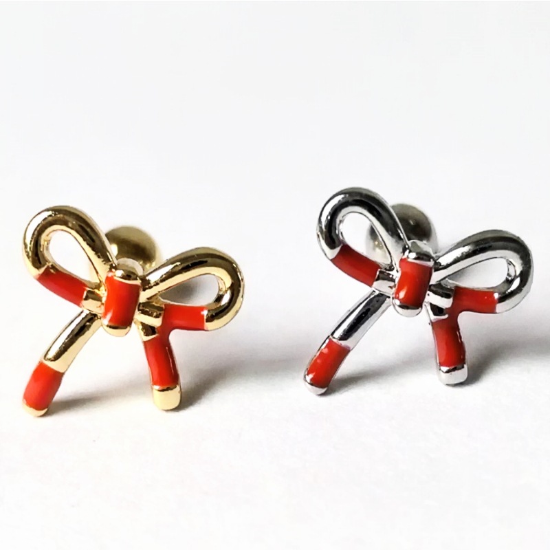 Sweet Cool Personality Titanium Steel Ear Bone Nails Dripping Oil Bow Screw Earrings Unique Niche Design - Image 2
