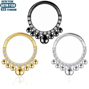 G23 Titanium Hinged Nose Ring with Zircon Inlaid - Welded Conch Cartilage Ring, Septum Piercing Jewelry with CZ