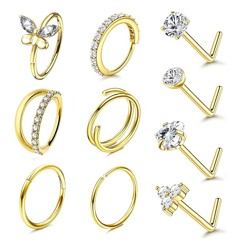 10-Piece Set Stainless Steel Nose Rings with CZ Gems Butterfly Nose Studs Nose Piercing Jewelry Gold Tone - Image 5