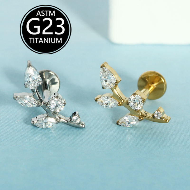 G23 Titanium Alloy Lip Piercing Jewelry with Diamond Leaf Drop-Shaped Zircon Labret Stud, Sold Individually - Image 4