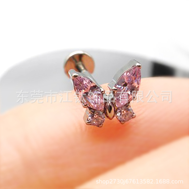 F136 Titanium Stud Earrings with Zircon Butterfly - Lip Stud Ear Bone Piercing Jewelry G23 Titanium Alloy - Image 3