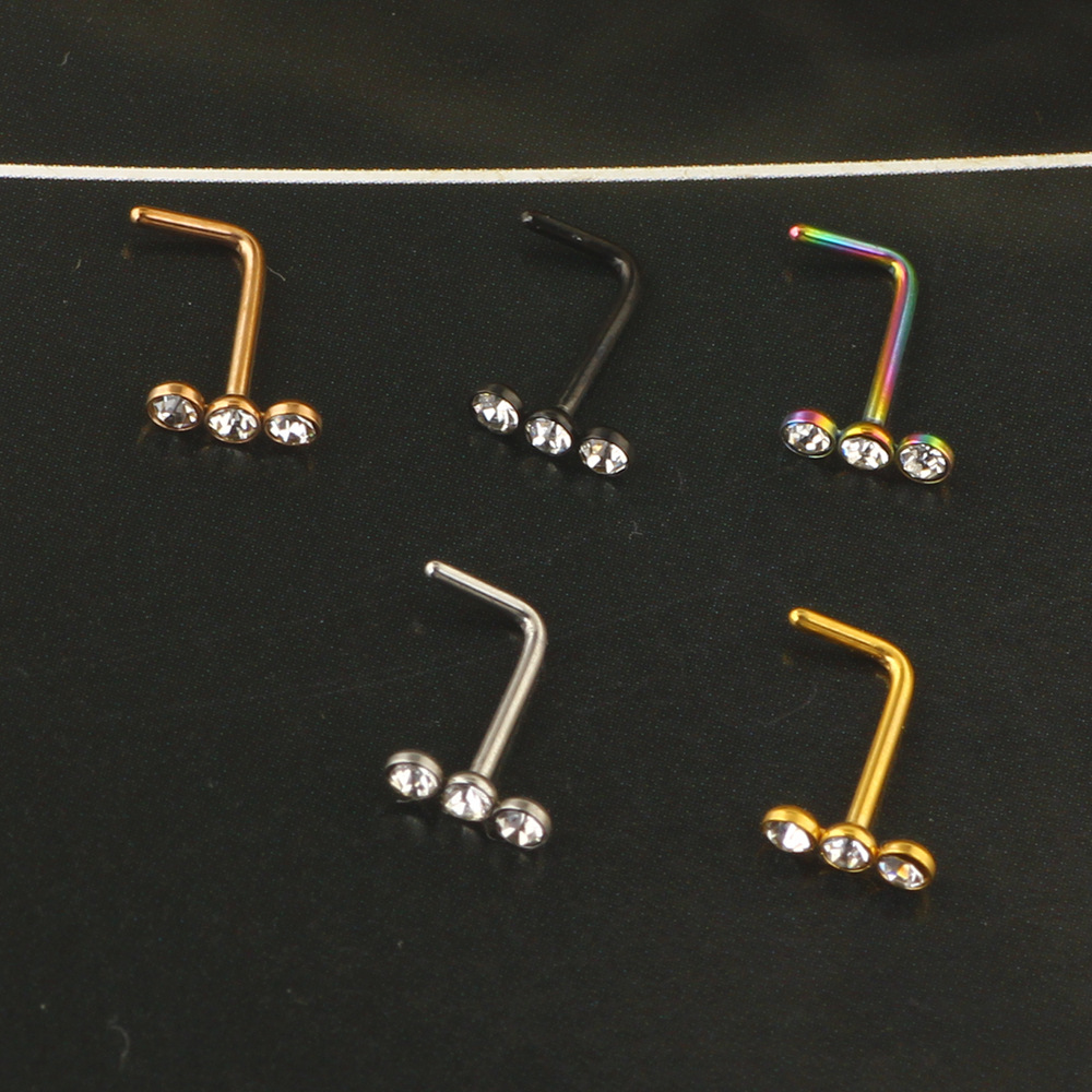 European American Rhinestone Medical Stainless Steel Body Piercing Straight Nose Stud Nose Ring - Image 2