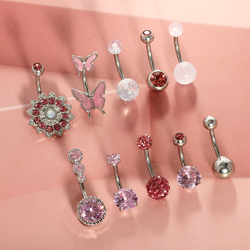 10-Piece Butterfly Diamond Pearl Shambhala Belly Ring Set - Stainless Steel Navel Piercing Jewelry - Image 2