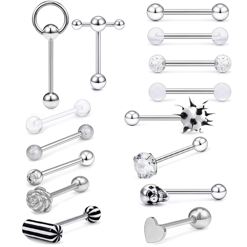 Stainless Steel Tongue Stud 15 Piece Set Mixed 4 Colors Straight Rod Tongue Ring Piercing Jewelry - Image 3