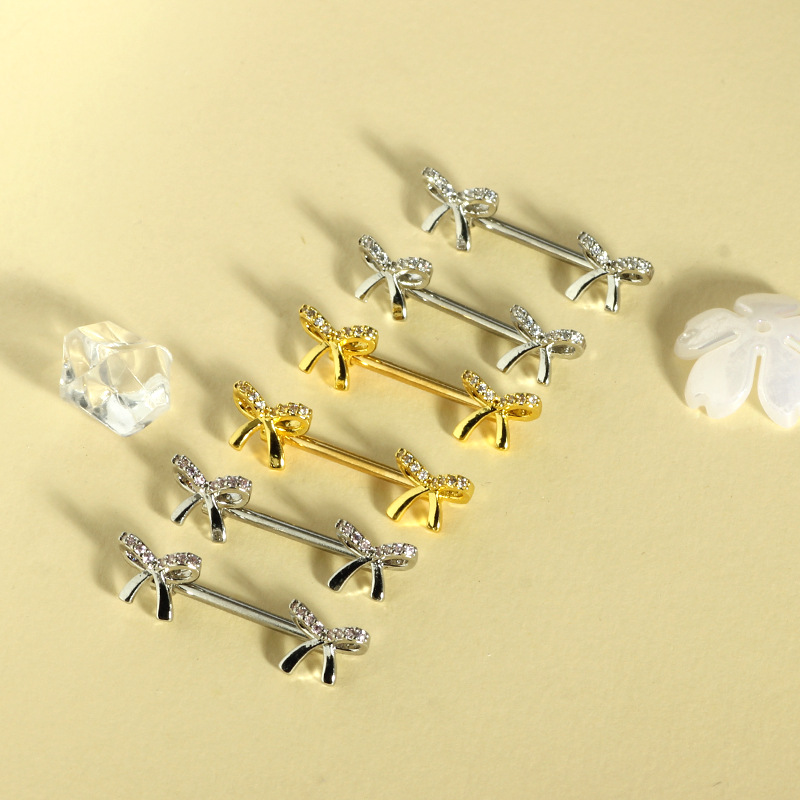 Cute Pink 16G Stainless Steel Bow Zircon Nipple Ring Exquisite Nipple Jewelry Pair - Image 2