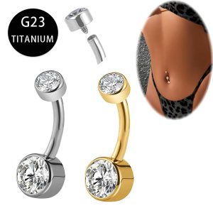 G23 Titanium Alloy F136 Curved Barbell Navel Ring Threaded Round Zircon Belly Ring 14g Sold Individually