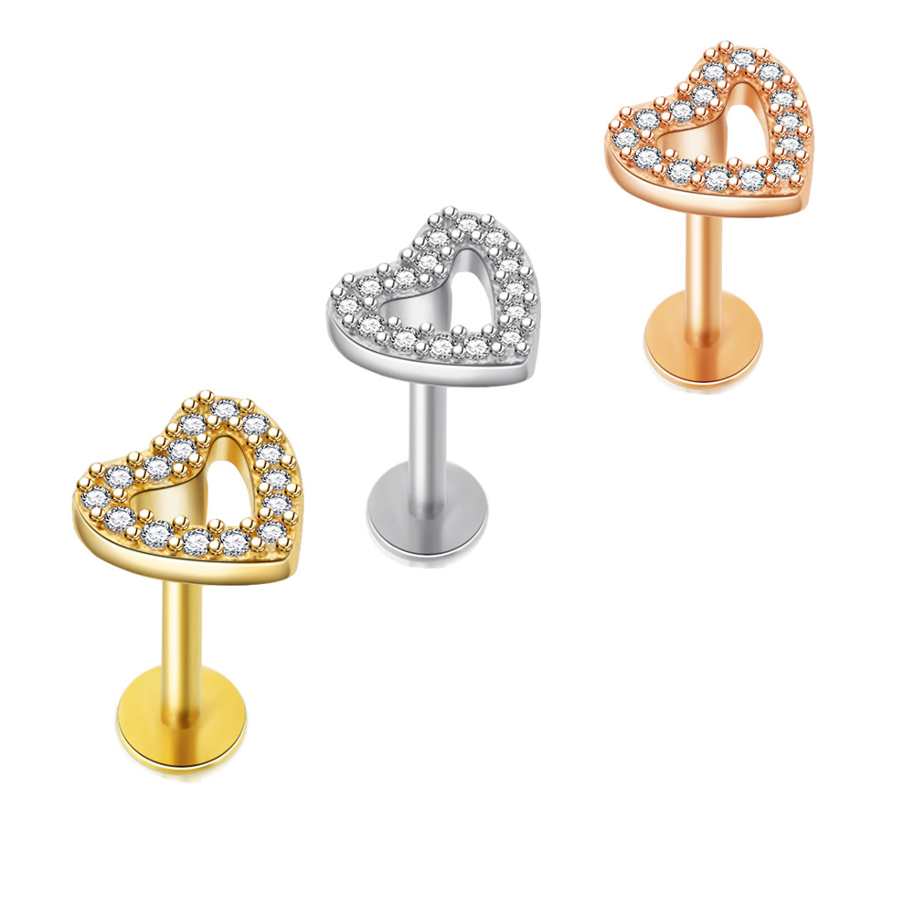Heart-Shaped Cartilage Tragus Stud Earring - 316L Surgical Steel, Rose Gold Lip Piercing Labret Stud - Image 2