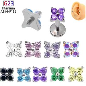 F136 Titanium Four-Leaf Clover Earrings - Finely Carved Flower Earrings, G23 Titanium Alloy Piercing Jewelry for Cartilage Lip Nails Cochlear Nails