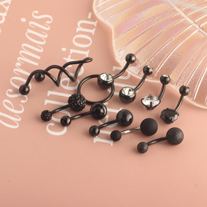 New Cross-Border Amazon Hot Selling Stainless Steel Zircon Silver Navel Ring Piercing Black Set - Image 2