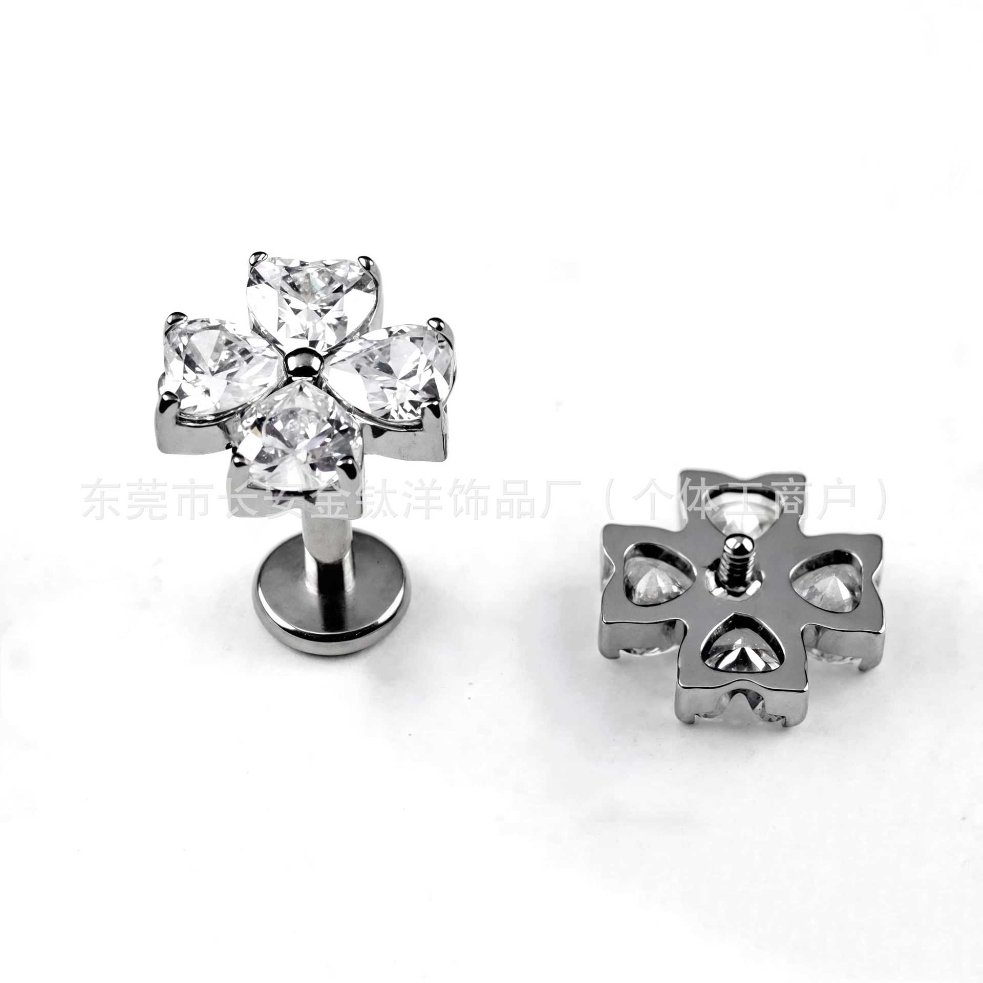 F136 Titanium Four-Leaf Clover Heart-Shaped Zircon Stud Earrings Nose Studs G23 Titanium Alloy Body Piercing Jewelry Ear Bone Studs - Image 2
