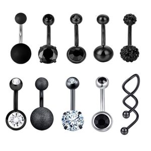 New Cross-Border Amazon Hot Selling Stainless Steel Zircon Silver Navel Ring Piercing Black Set