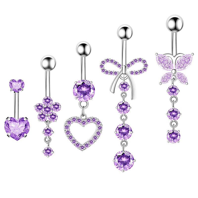 Amazon Hot Selling Gold Pink Zircon 5-Piece Navel Ring Set Stainless Steel Copper Geometric Body Jewelry - Image 5