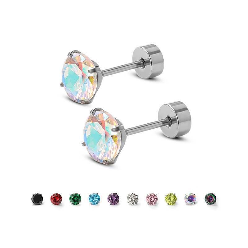 F136 Titanium Alloy Flat Back Earrings with Zircon, Black, 8mm Single, Geometric Style for Cartilage, Helix, Tragus, Conch Piercing - Image 2