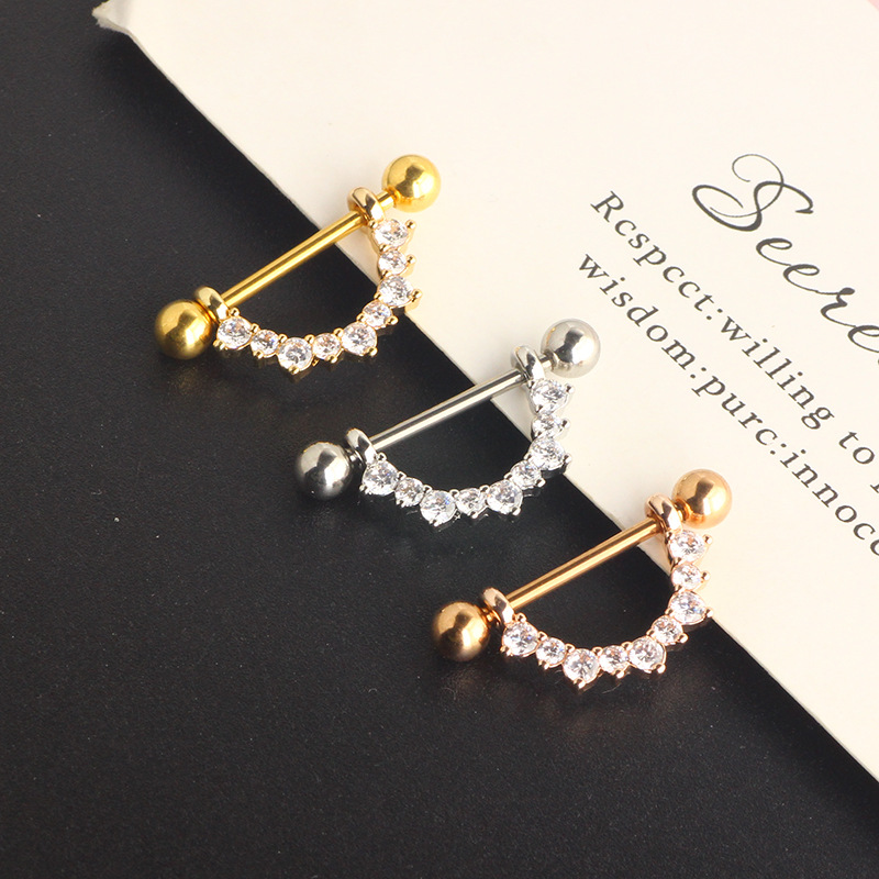 U-Shaped Nipple Ring with Crown Zircon - Rose Gold Stainless Steel Body Jewelry - Image 5