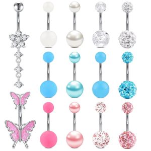 14-Piece Butterfly Navel Ring Set Stainless Steel Belly Button Piercing Jewelry Heart Design