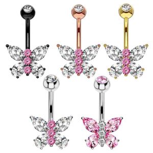 Pink Butterfly Navel Ring 16G Stainless Steel Belly Button Jewelry Heart Shape Four Colors