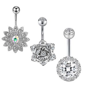 Nine Gems Stainless Steel Belly Button Ring Set - 3 Pieces Navel Piercing Jewelry Rose Gold Sunflower