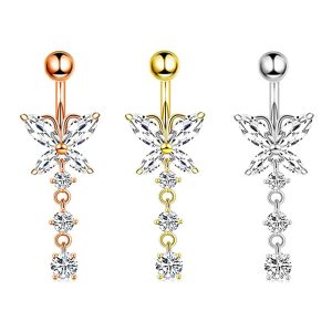 Creative Butterfly Zircon Belly Button Ring Rose Gold Stainless Steel Navel Piercing Jewelry 3 Colors
