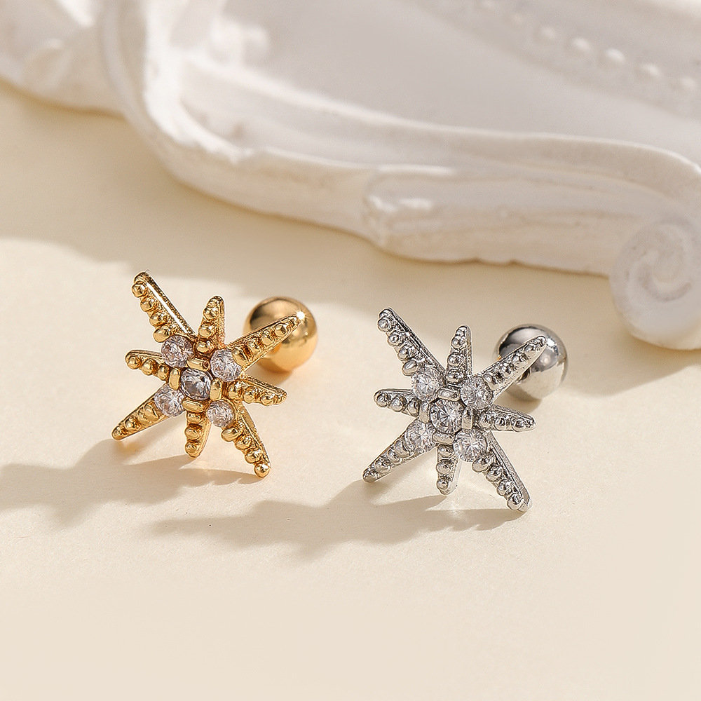 18K Real Gold Inlaid Zircon Stainless Steel Rod Snowflake Chain Tassel Pendant Ear Bone Nail Cartilage Piercing Earrings - Image 2