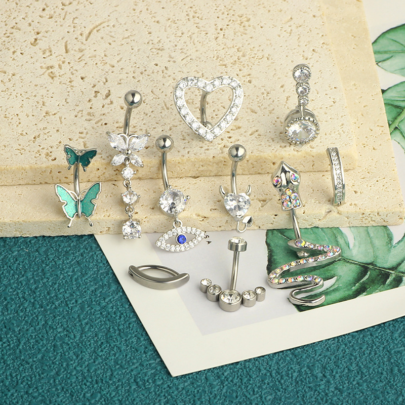 Rose Gold Stainless Steel Inlaid Zircon Belly Button Ring Love Full Diamond Belly Nail Butterfly Piercing Jewelry 10-Piece Set - Image 4