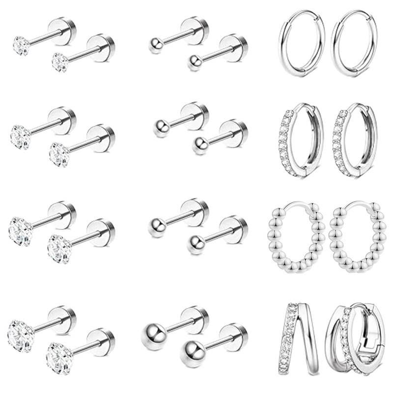12-Pair Stainless Steel Earrings Set with CZ Diamond, Silver Ball Hoop Geometric Earrings for Women Men - Image 5
