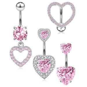 Love Bow Pink Diamond Belly Button Ring Stainless Steel Navel Piercing Jewelry