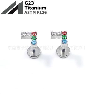 F136 Titanium Internal Thread Colorful Zircon Inlaid Seven-Character Stud Earrings Nose Studs G23 Titanium Alloy Piercing Jewelry Ear Cartilage Studs