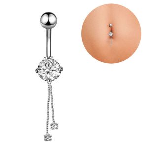 Rose Gold Round Crystal Dangle Belly Button Ring 316L Surgical Steel Belly Piercing Jewelry for Women Men