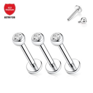 G23 Titanium Labret Lip Ring with CZ Diamond Internal Thread Ball Lip Piercing Jewelry