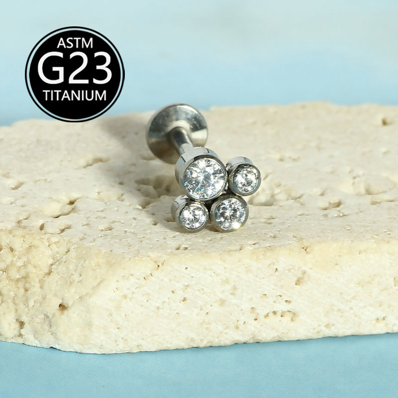 G23 Titanium Alloy F136 Internal Thread Lip Stud Micro Paved Zircon Welded Four Small Ball Titanium Earring - Image 2