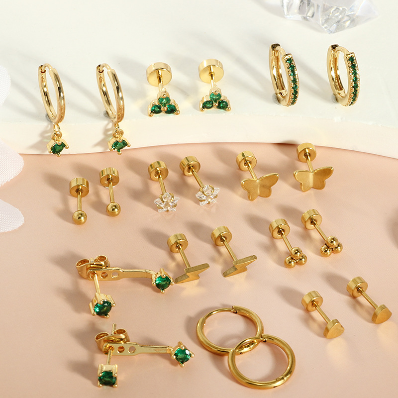 Moon & Star Green Zircon Earrings Stainless Steel Real Gold Plated Fashion Cartilage Stud Ear Bone Nails - Image 2