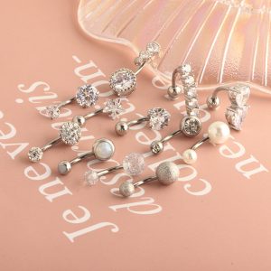 Double Heart Navel Ring with Zircon Belly Button Piercing Jewelry 12-Piece Set
