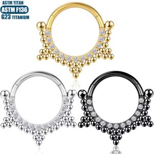 Fashion G23 Titanium Septum Ring with Zircon Bead Hinged Clicker Welded Hinge Seamless Ring for Nose Piercing Cartilage Earring