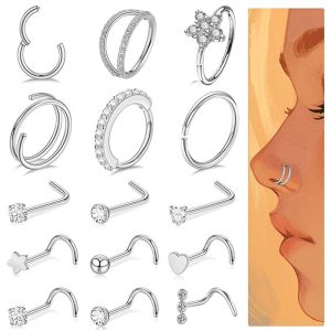 New 15-Piece Set of Stainless Steel Nose Rings with Copper Inlaid Zircon Geometric Open Nose Rings and Nose Studs Piercing Jewelry, Gold Set
