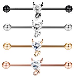Heart Shaped CZ Stainless Steel Long Bar Earrings for Cartilage and Ear Lobe Piercing