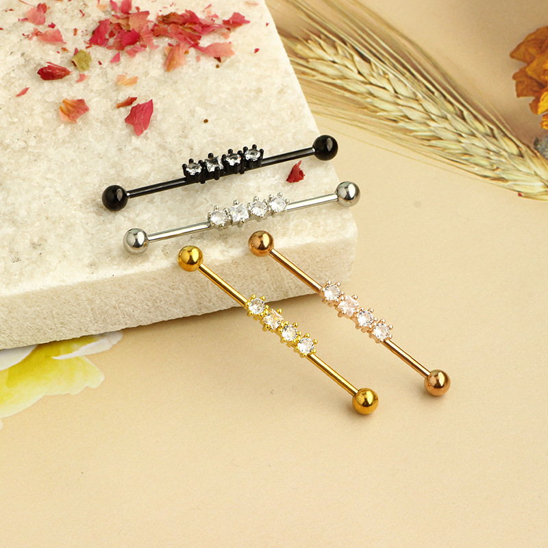 European American Industrial Barbell Ear Piercing, External Thread Straight Rod Zircon Earrings for Double Ear Holes, Black Titanium Alloy - Image 4