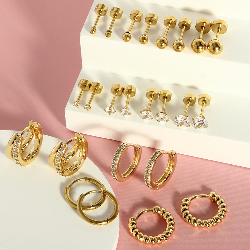 24-Piece Stainless Steel Earring Set - European & American Niche Fashion Earrings for Men and Women, Round Geometric Style, 2025 Summer Trend - Image 3