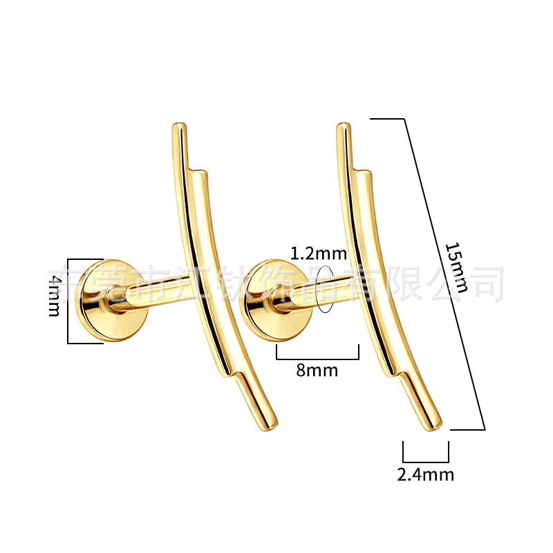 G23 Titanium Rectangular Thin Leaf Curved Ear Cartilage Stud - Gold/G10 - 1.2x10mm - ASTM F136 - Image 2